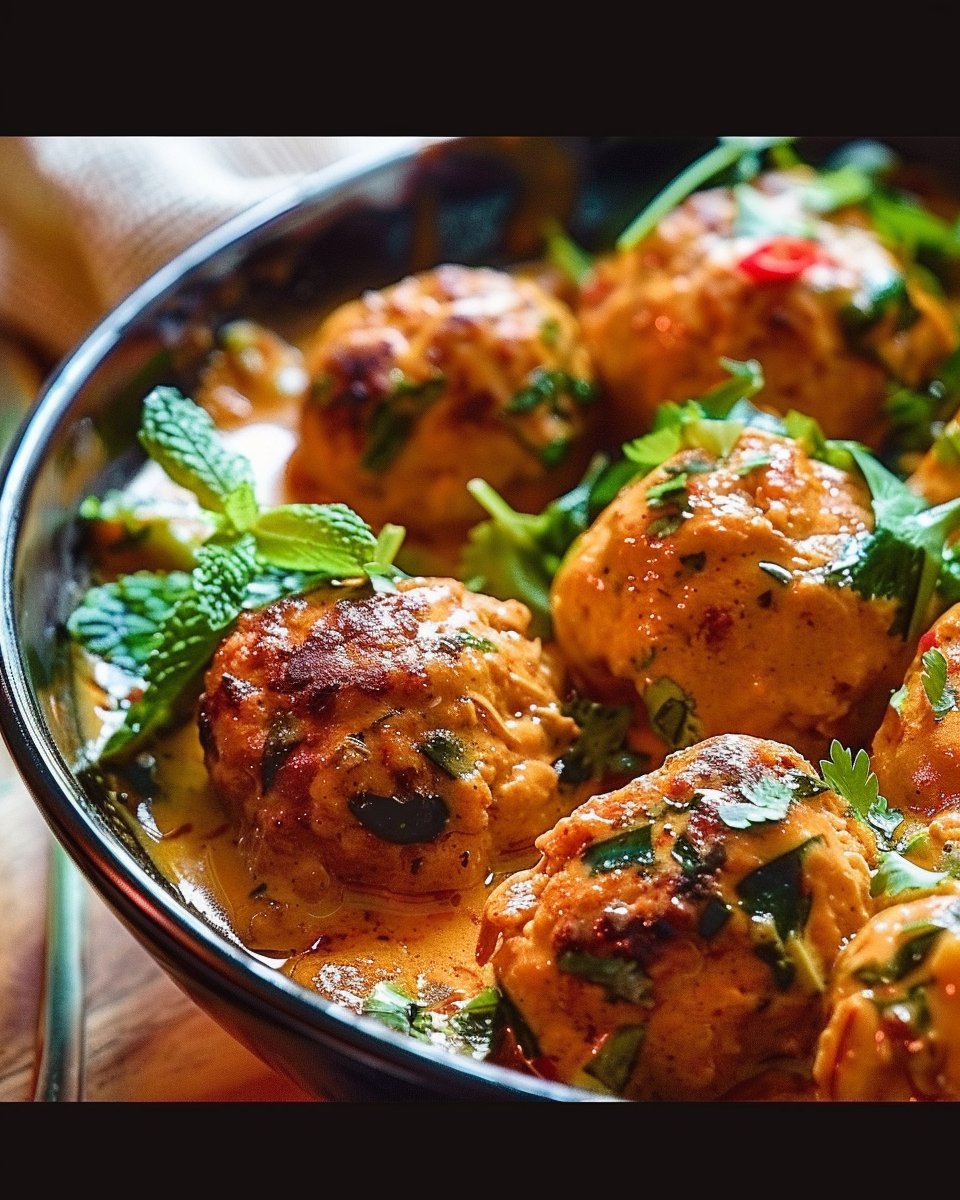 Thai Red Curry Chicken Meatballs with Coconut Sauce