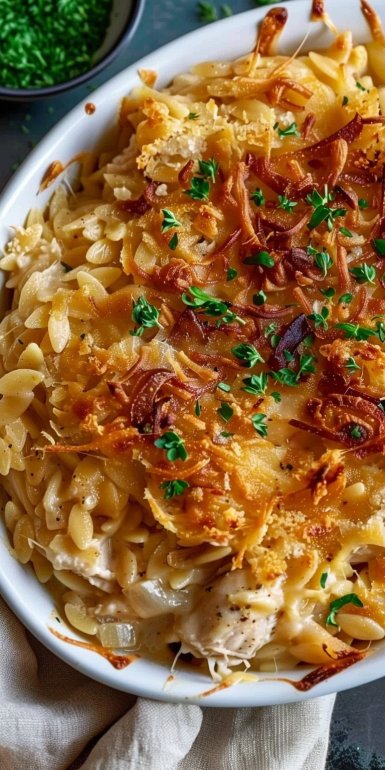 French Onion Chicken Orzo Casserole