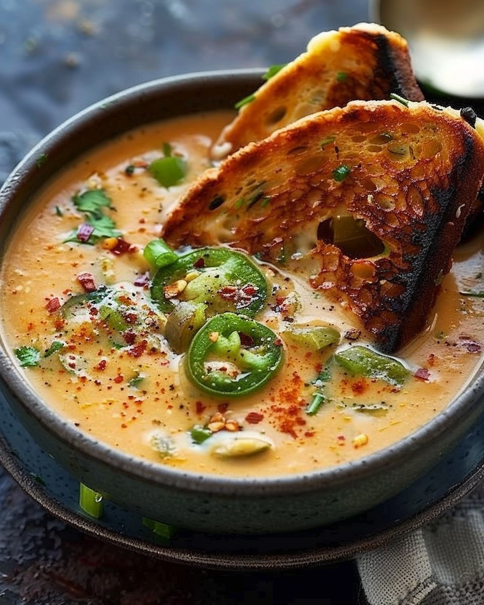 Spicy Jalapeño Popper Soup with Grilled Cheese Dippers