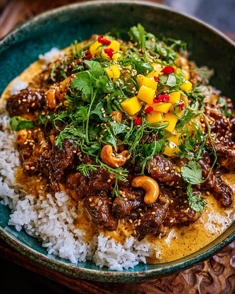 Creamy Peanut Beef Curry with Mushrooms and Bright Mango Salsa