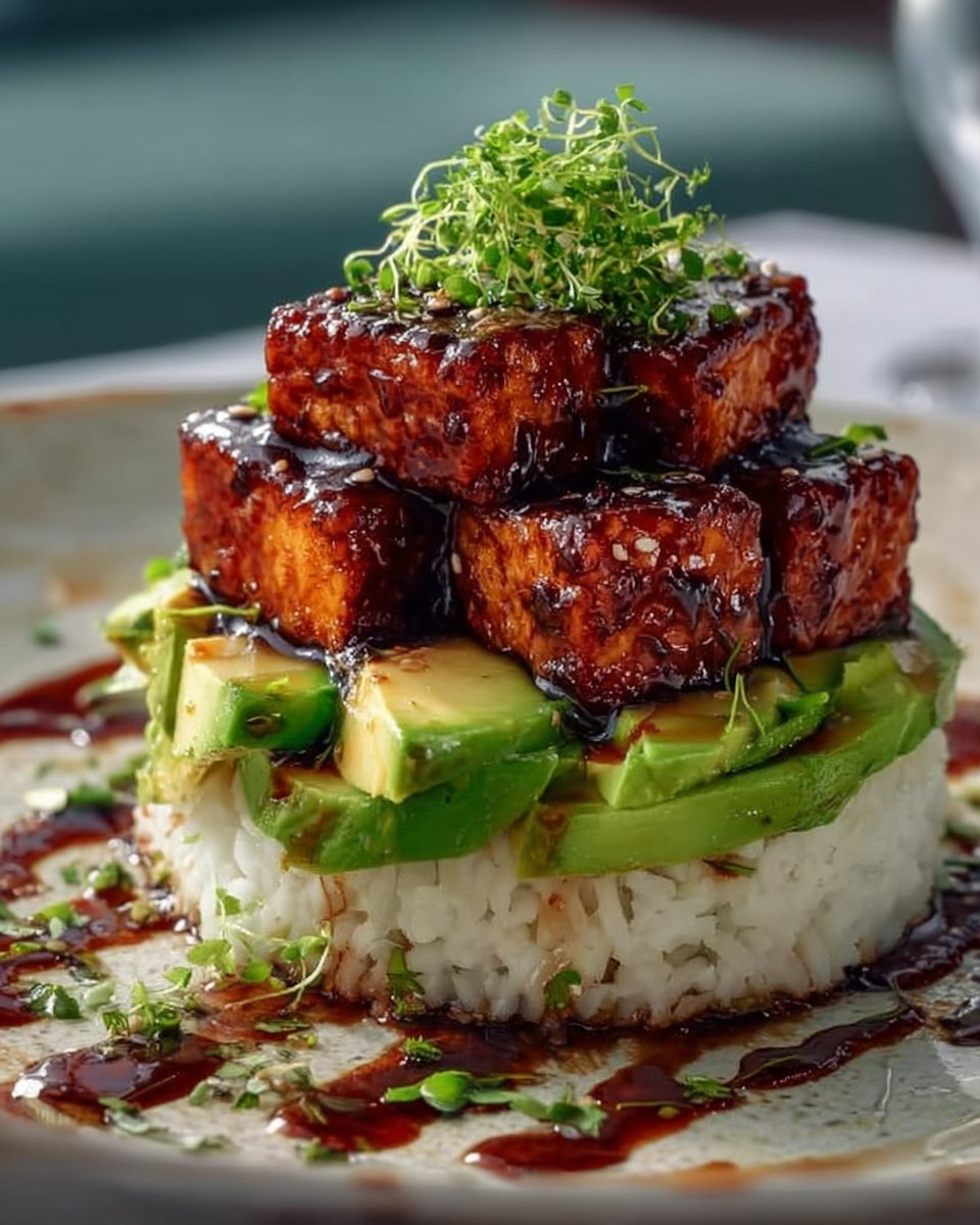 Crispy Teriyaki Tofu and Avocado Rice Stack