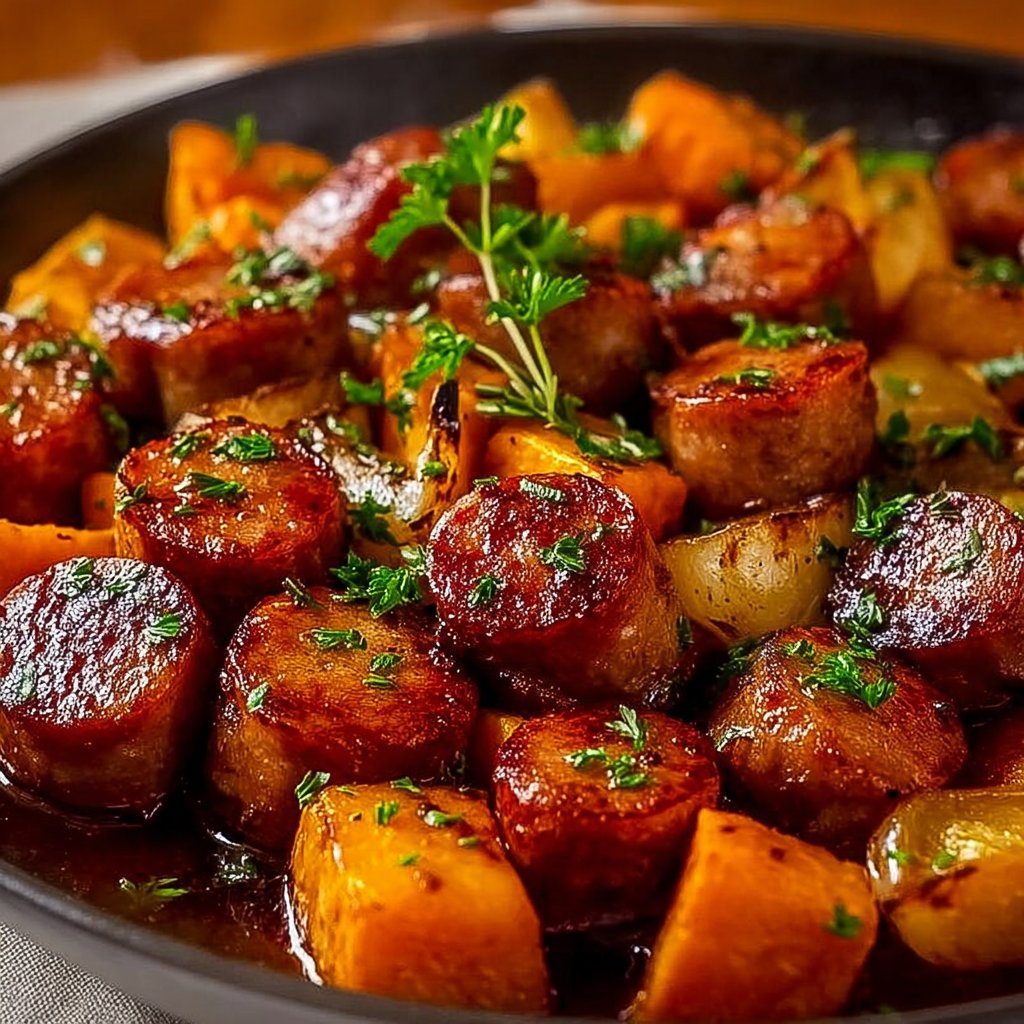 Caramelized Sausage and Sweet Potatoes Skillet Dinner