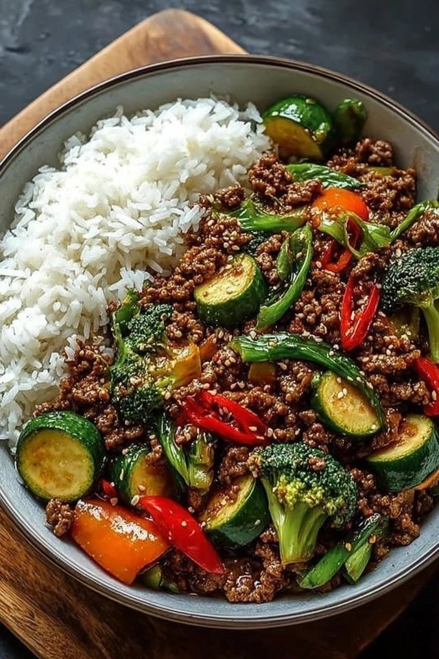Spicy Ground Beef Stir-Fry Bowl with Garlic Veggies Delight