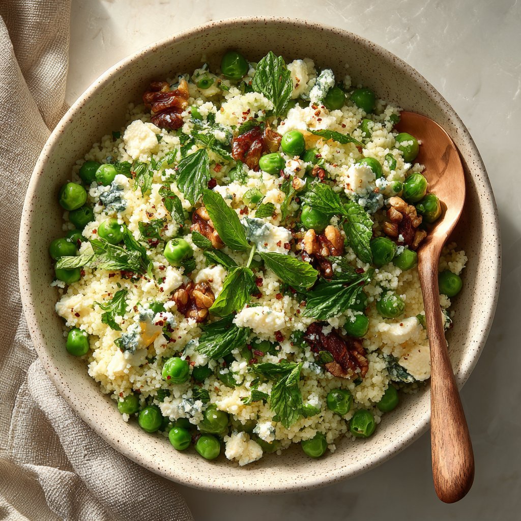 Spring Pea Feta Couscous Salad with Basil Vinaigrette
