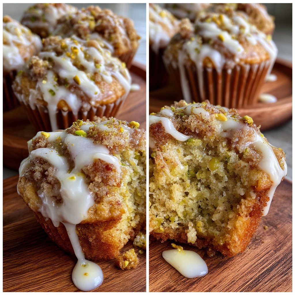 Pistachio Crumb Muffins with Vanilla Glaze