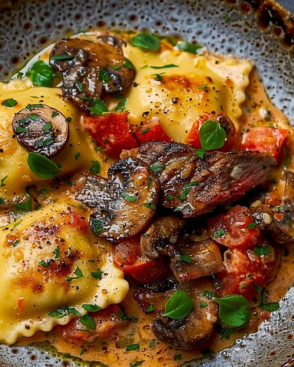 Creamy Tomato Mushroom Ravioli with Seared Steak