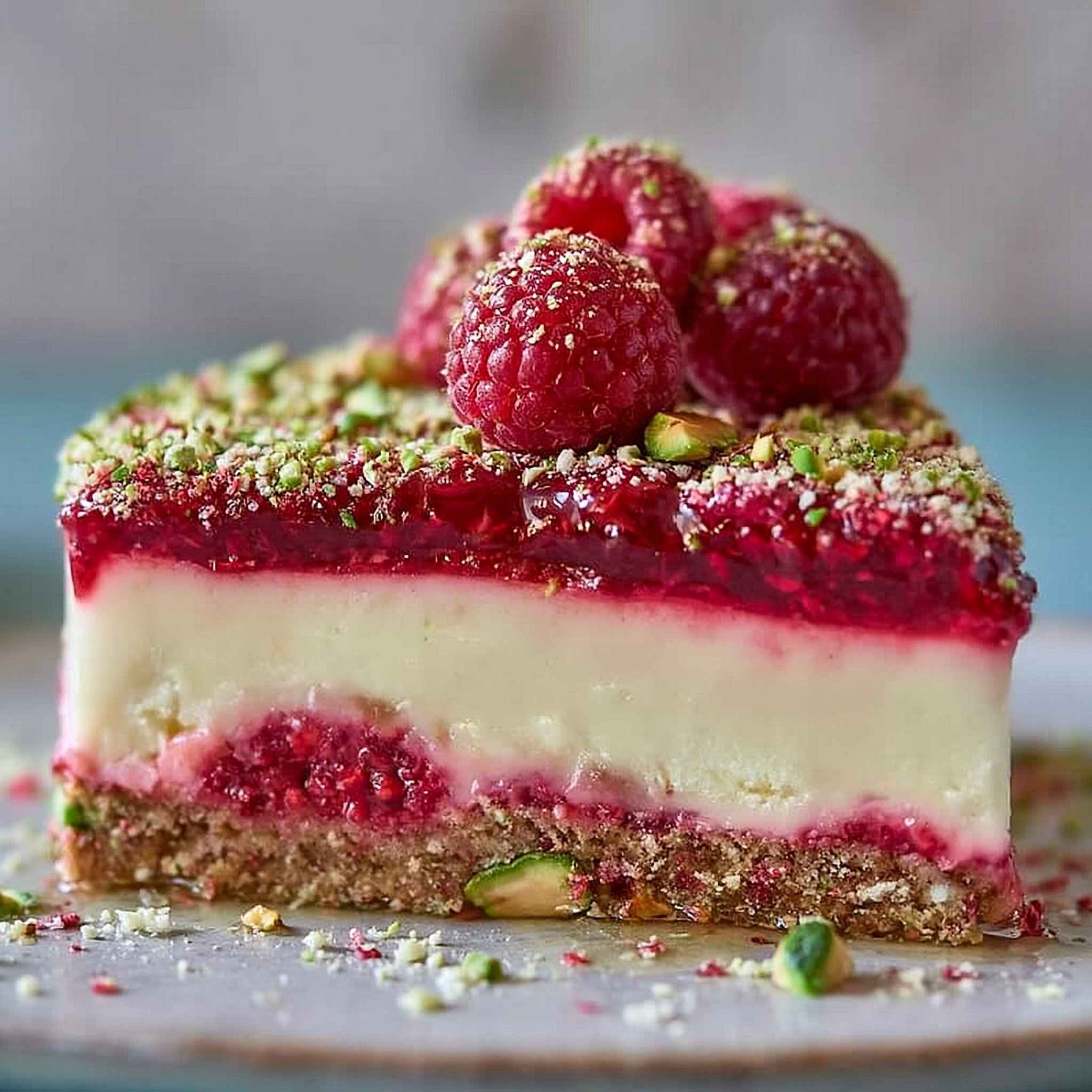 Elegant Pistachio Raspberry Crunch Cheesecake