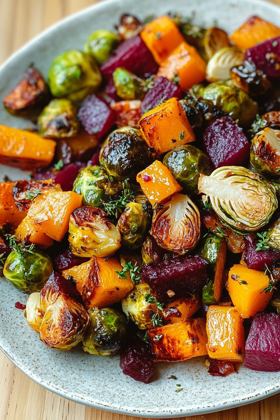 Winter Vegetable Salad with Roasted Butternut Squash, Brussels Sprouts, and Beetroot