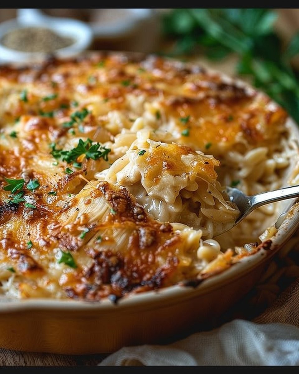 Creamy Caramelized Onion Chicken Orzo Bake with Gruyère