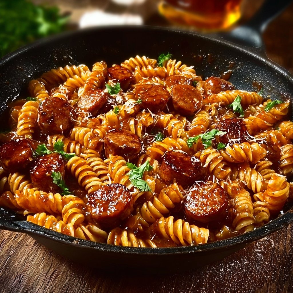 One-Skillet Spicy Honey BBQ Sausage & Pasta