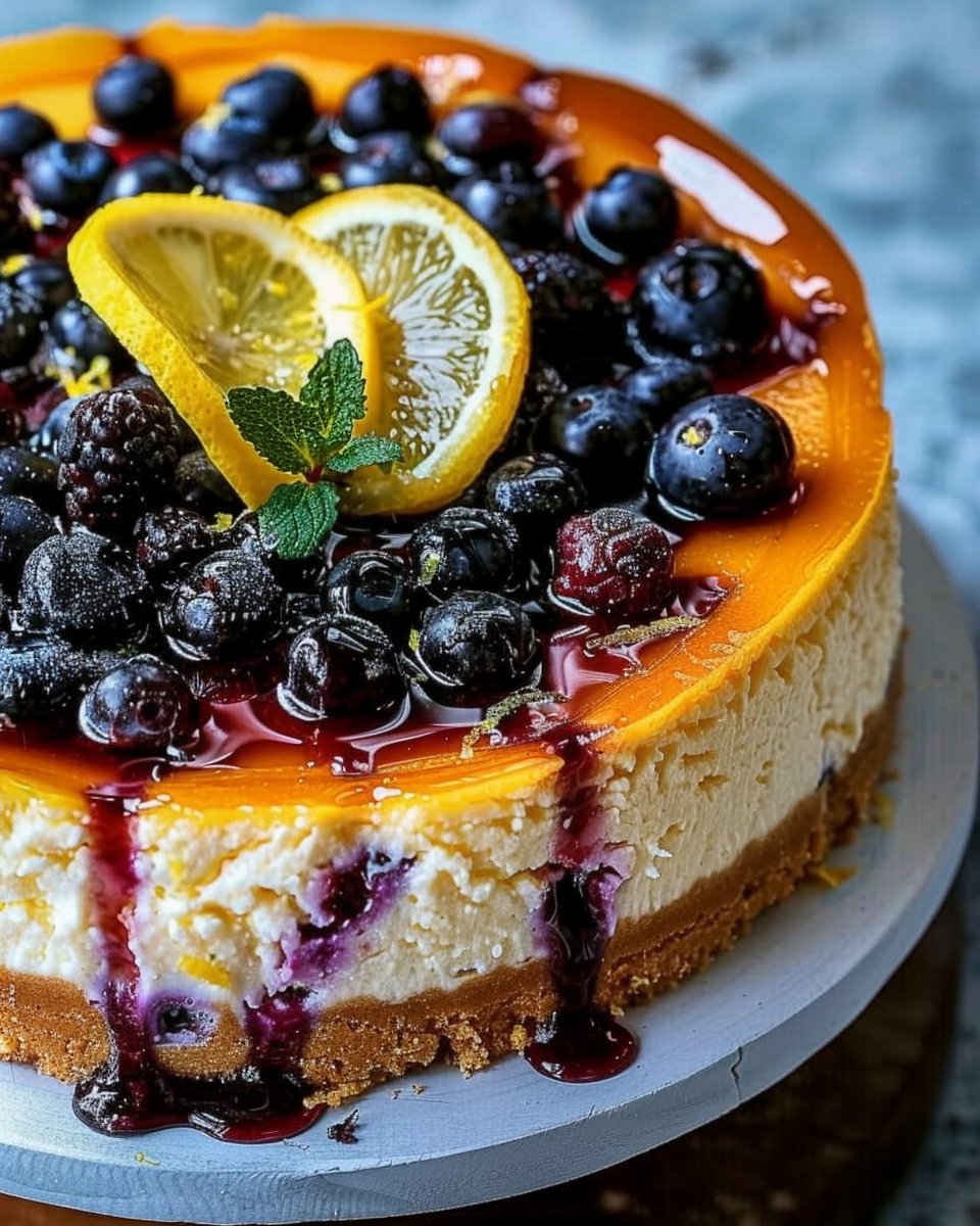 Lemon Blueberry Ricotta Cheesecake with Extra Lemon Zest & Vanilla Wafer Crust