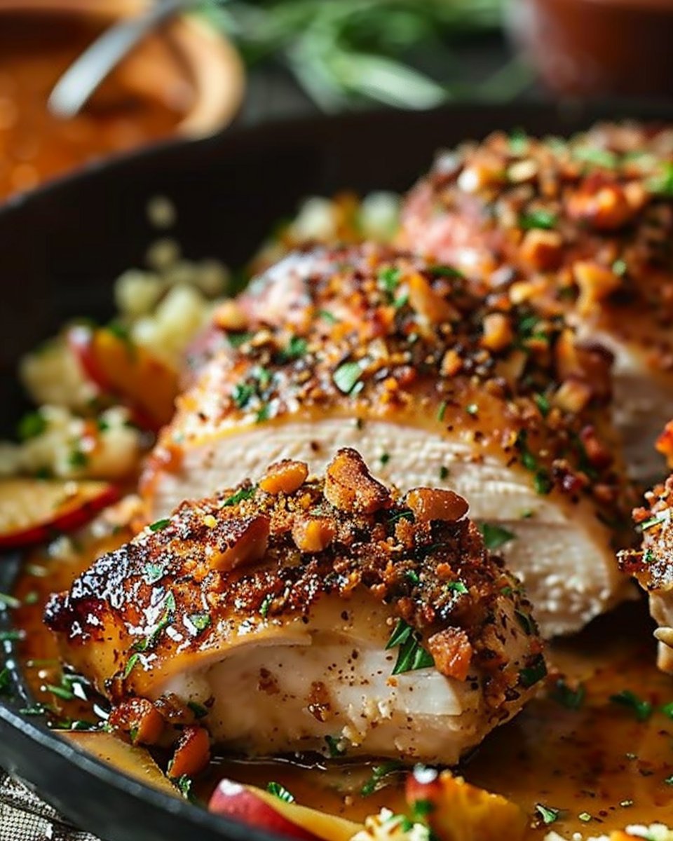 Walnut-Herb Crusted Chicken with Apple Cider Pan Sauce