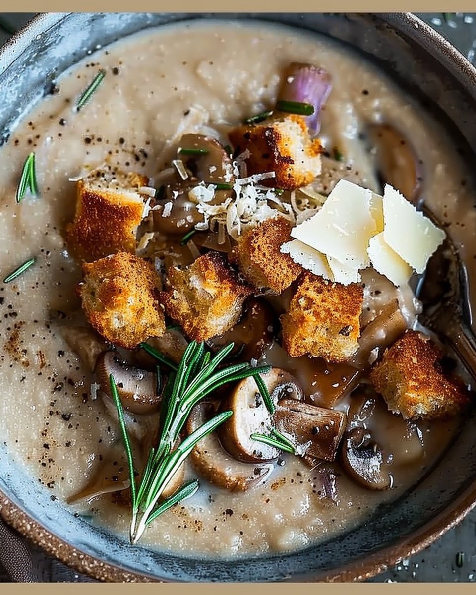 Creamy Mushroom Soup with Rosemary Croutons and Parmesan