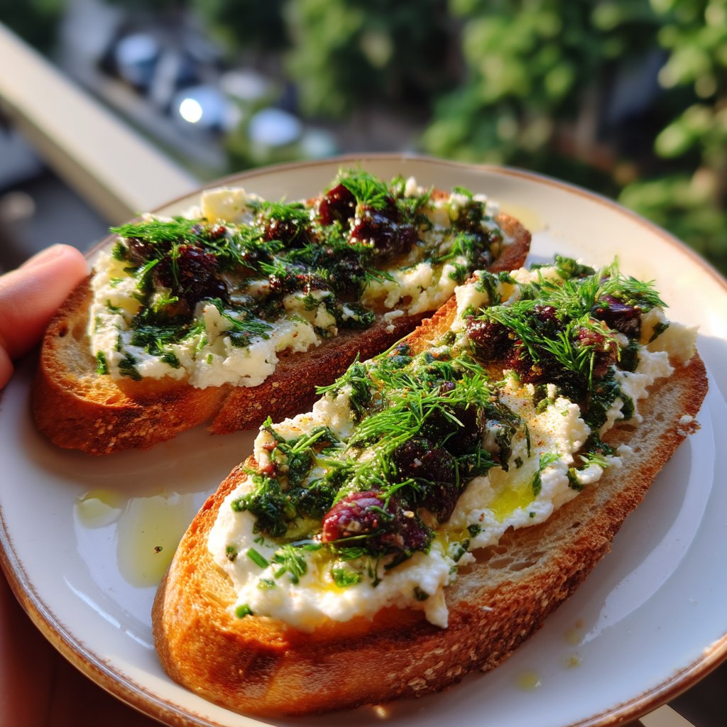 Savory Ricotta Toast with Olive Tapenade and Herbs