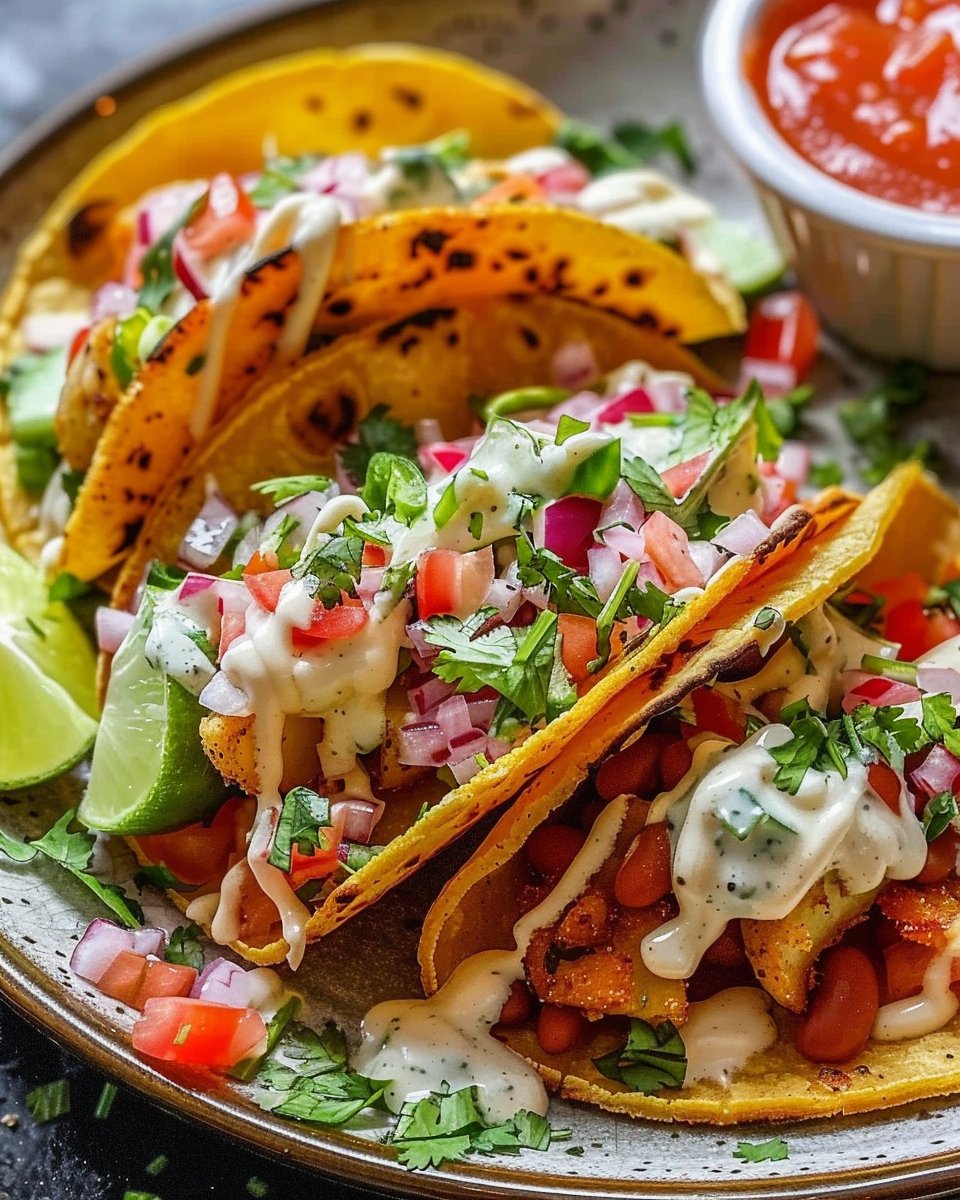 Crispy Potato and Bean Street Tacos with Spicy Creamy Dip