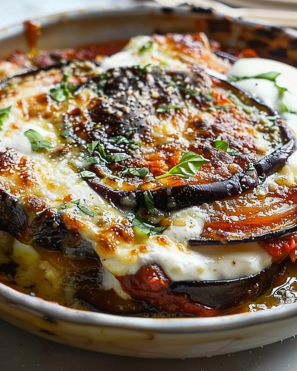 Burrata Eggplant Parmigiana with Caramelized Onions & Parmesan Cream