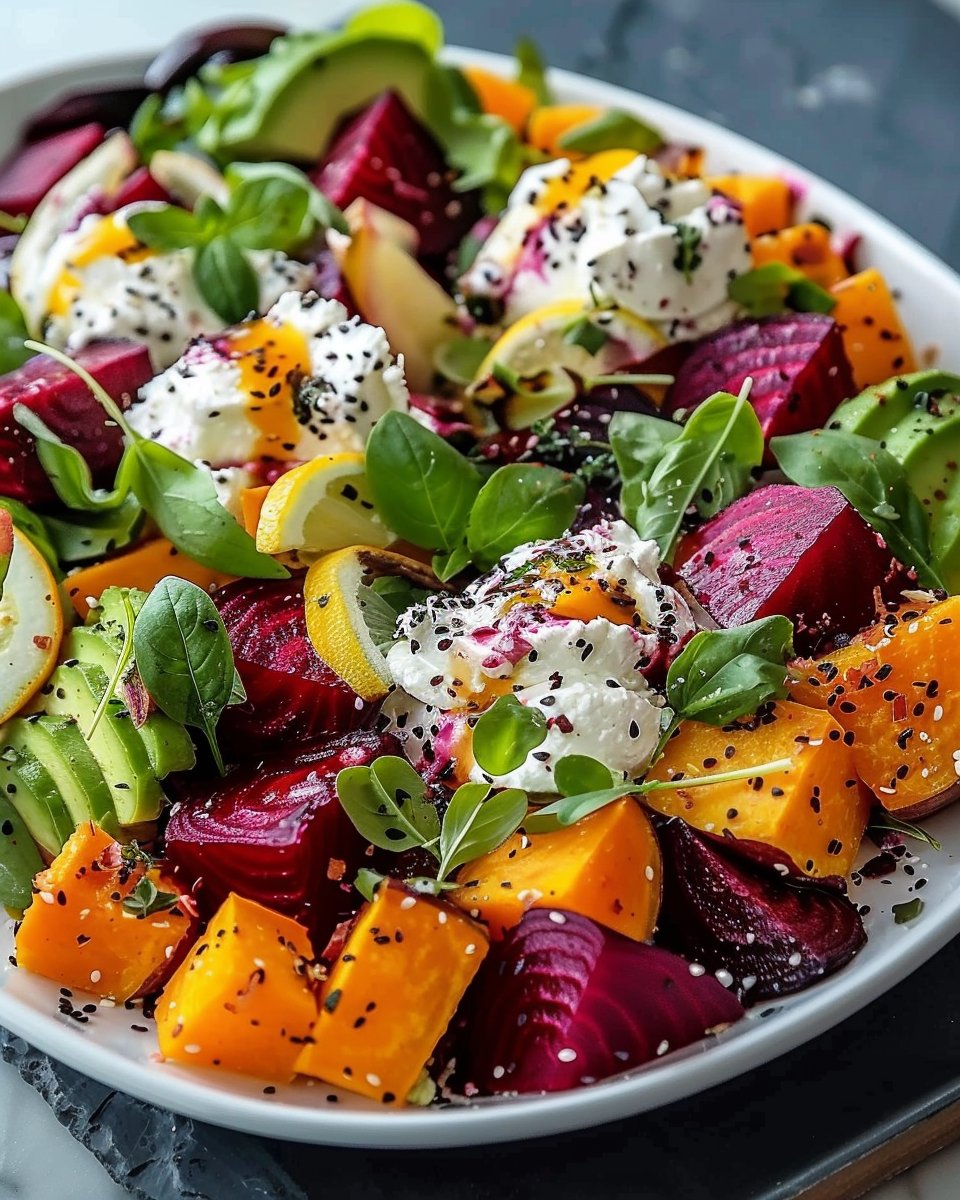 Roasted Beet, Sweet Potato & Avocado Salad with Whipped Ricotta & Lemon-Tahini Drizzle