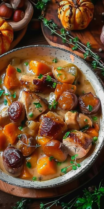Blanquette de dinde avec des châtaignes et de la courge