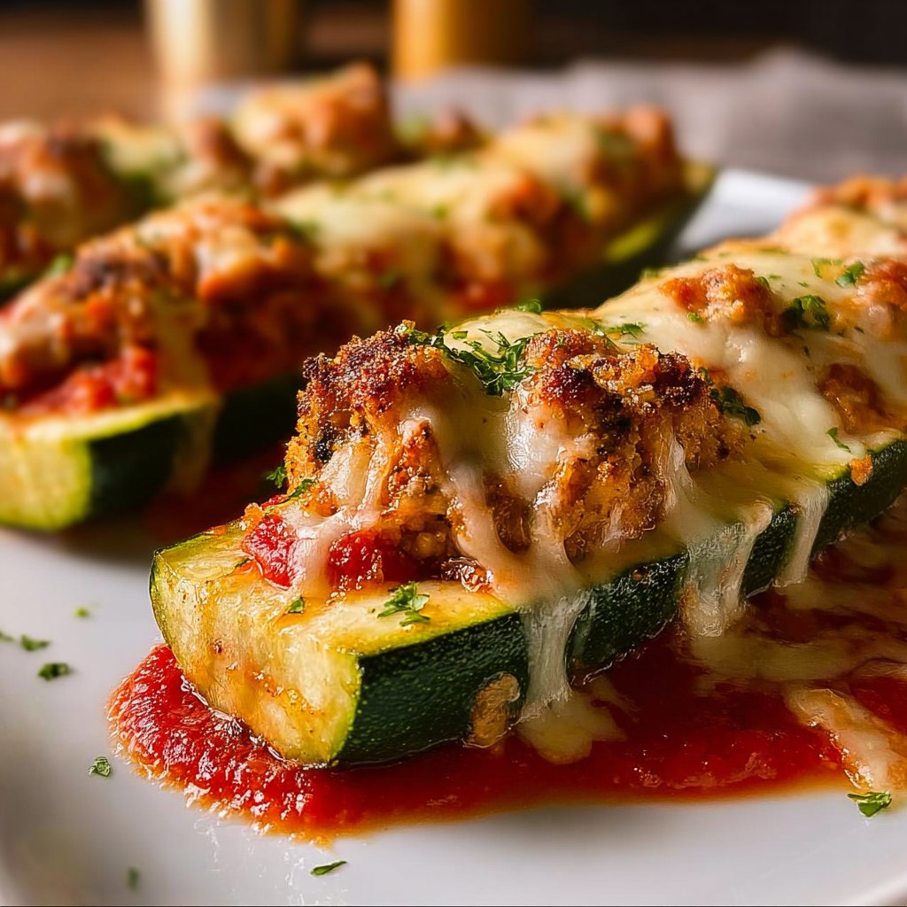 Crispy Chicken Parmesan Stuffed Zucchini Boats