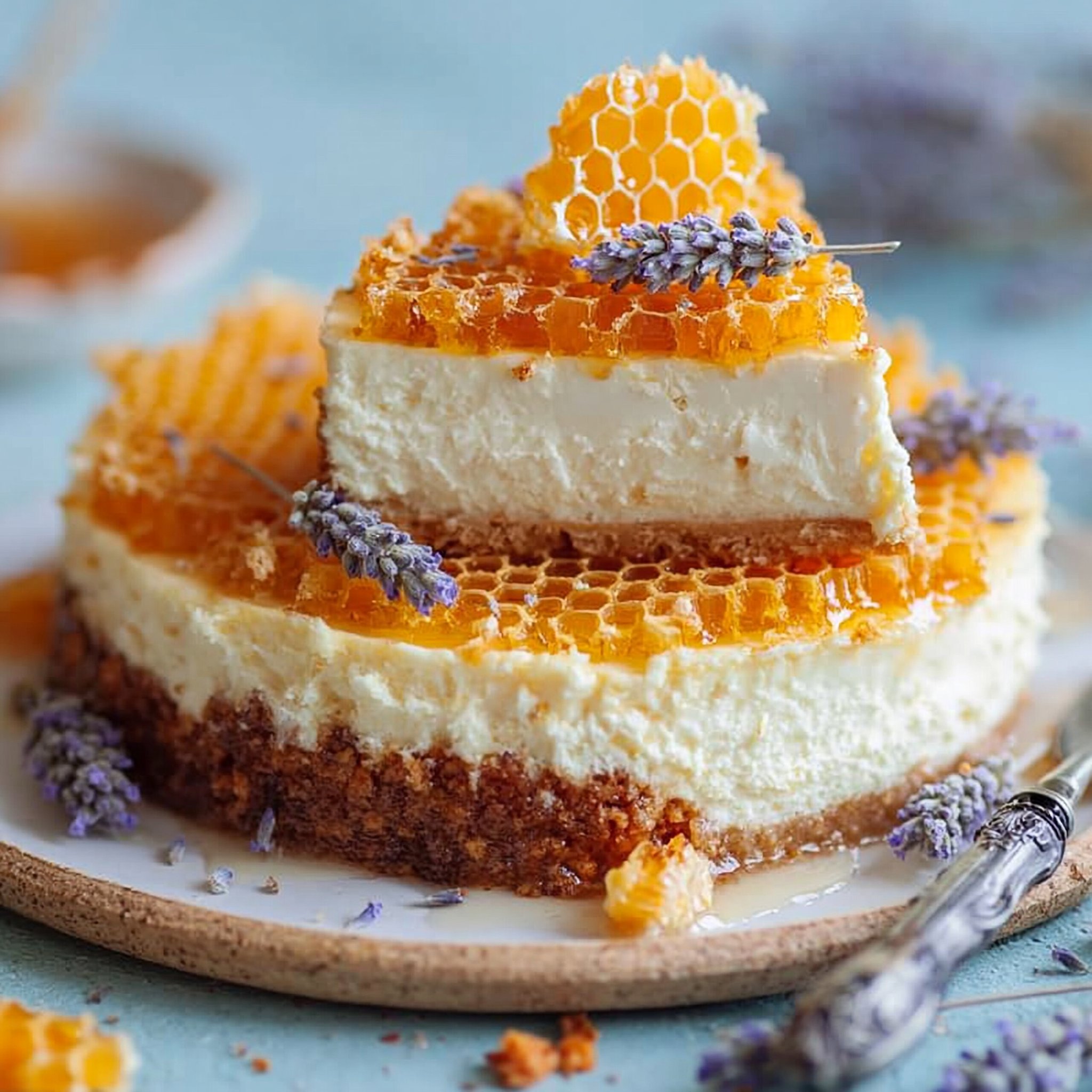 Lemon Lavender Cheesecake Topped with Honeycomb