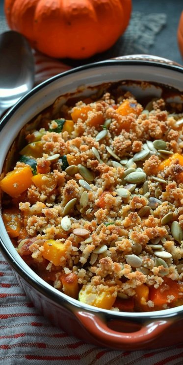 Pumpkin and Autumn Vegetable Crumble with Pumpkin Seeds