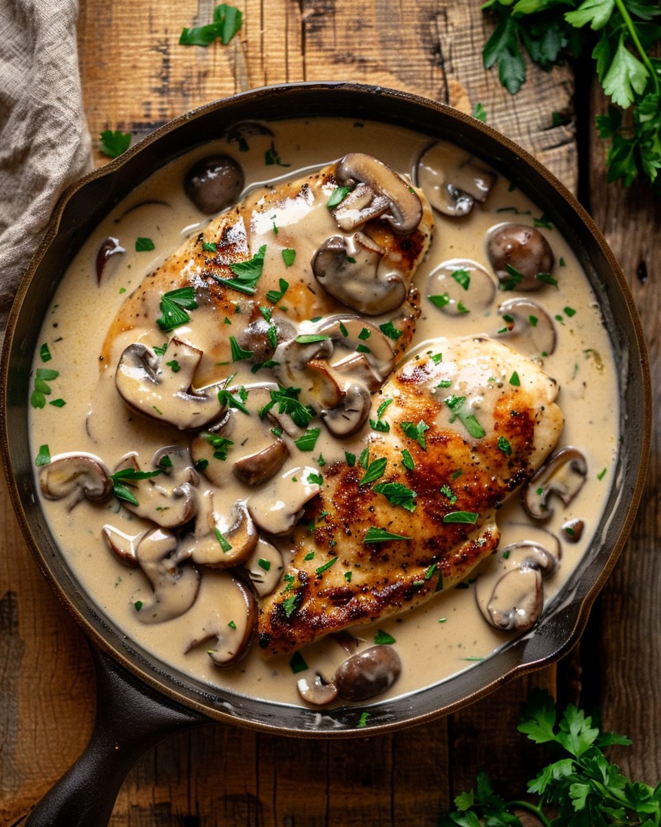 Chicken and Mushroom Skillet in a Creamy Asiago and Mustard Sauce