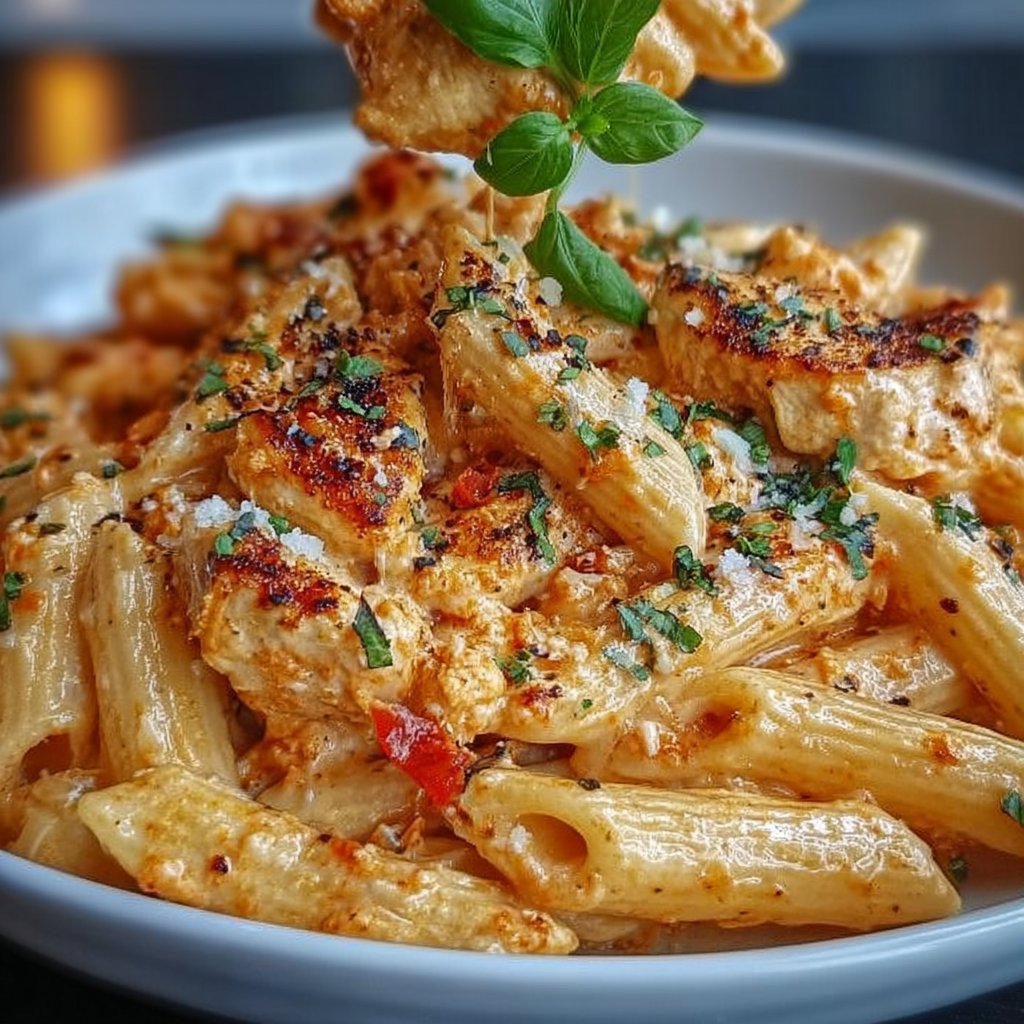 Creamy Roasted Red Pepper Chicken Penne Alfredo