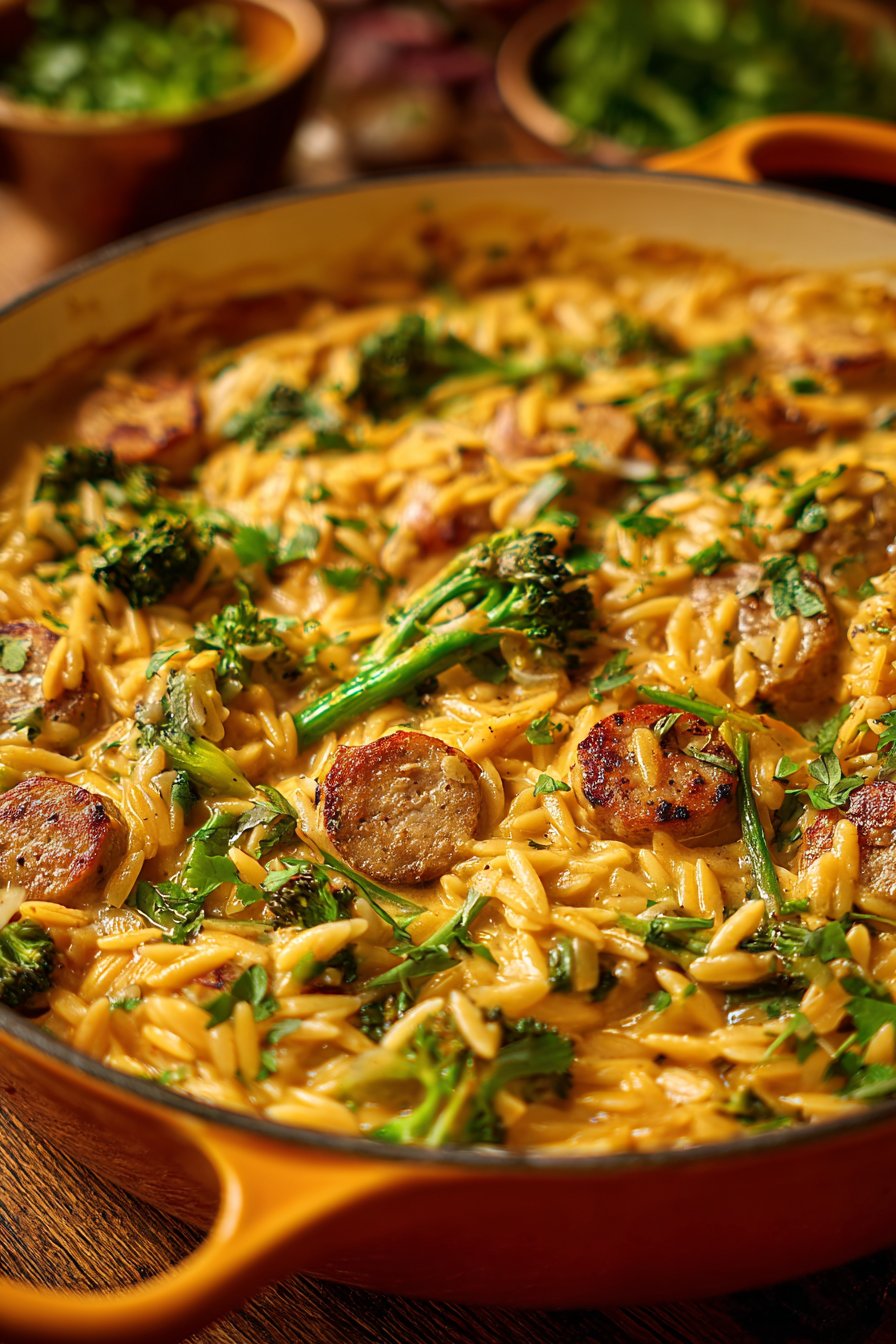 One-Pan Creamy Orzo with Chicken Sausage and Broccoli