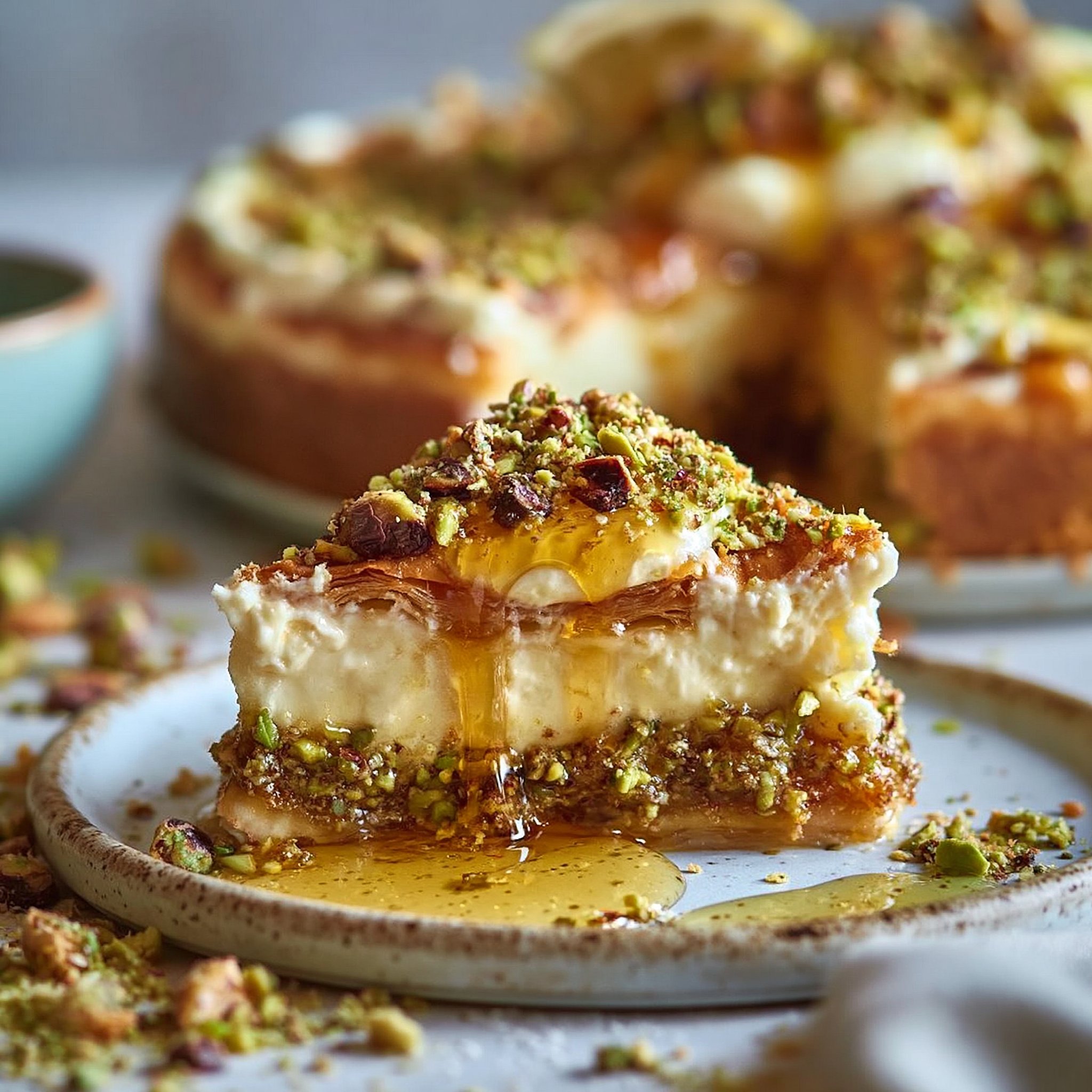 Honey Pistachio Baklava Cheesecake