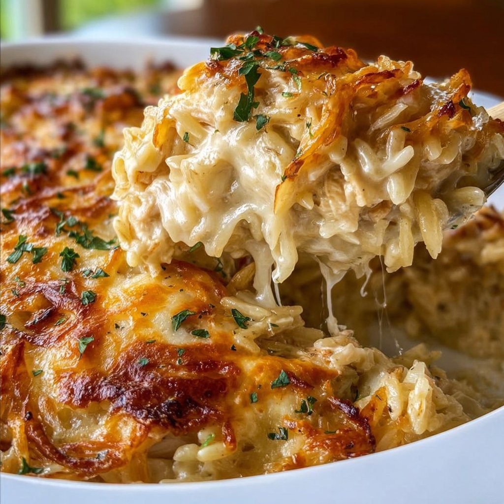 French Onion Chicken Orzo Casserole