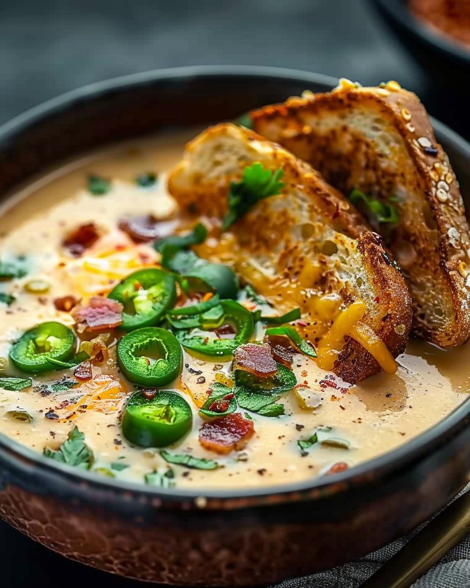 Spicy Jalapeño Popper Soup with Grilled Cheese Dippers