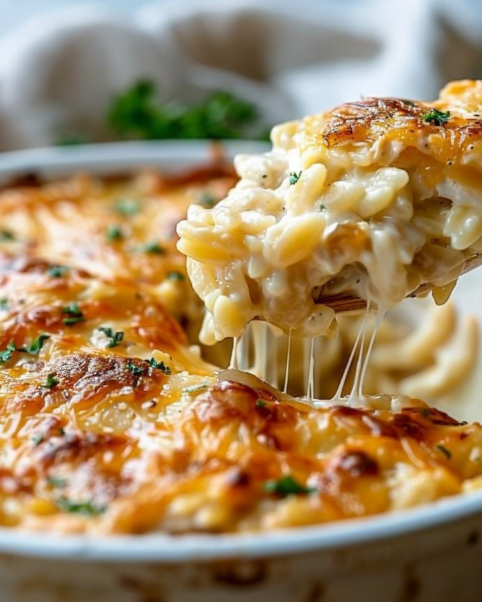 Creamy Caramelized Onion Chicken Orzo Bake with Gruyère
