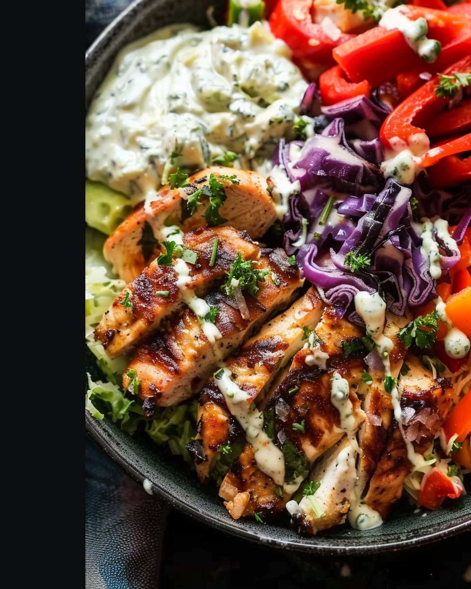 Mediterranean Chicken Bowls with Roasted Red Peppers, Cabbage & Ginger Tahini