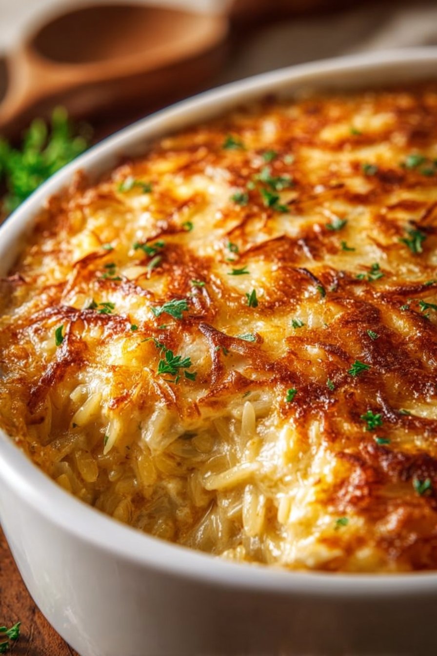 French Onion Chicken Orzo Casserole