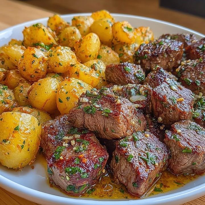 Garlic Butter Potatoes with Sautéed Steak Bites