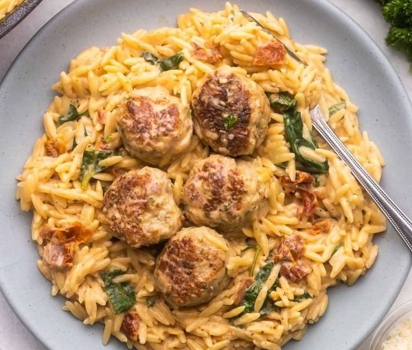 Tuscan Chicken Meatballs and Orzo