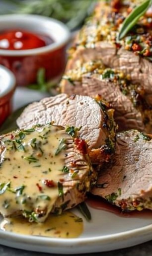 Slow Cooker Herb Crusted Beef Tenderloin With Creamy Dijon And Herb Sauce