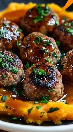 Beef Meatballs with Sweet Potato Mash, Bourbon Extract, and Maple Pan Sauce