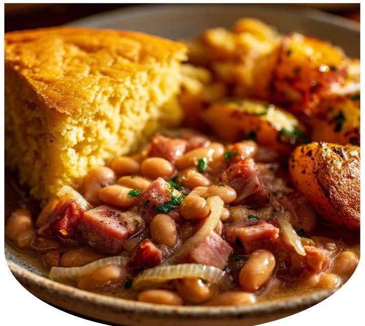 Pintos with Ham, Fried Potatoes & Homemade Cornbread