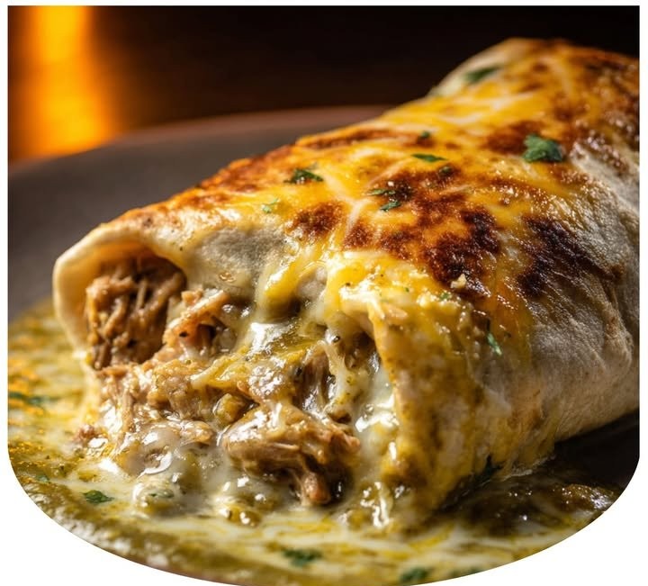 Bean Burritos Smothered in Green Chile Pork (Chile Verde)