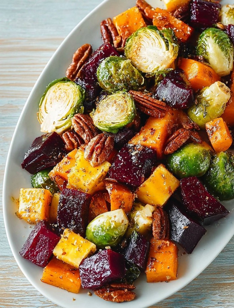 Winter Vegetable Salad with Roasted Butternut Squash, Brussels Sprouts, and Beets