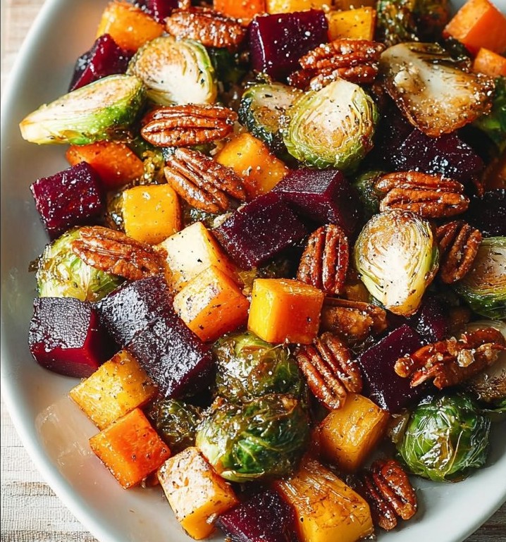Winter Vegetable Salad with Roasted Butternut Squash, Brussels Sprouts, and Beets
