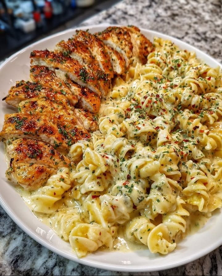 Garlic Parmesan Chicken Twisted Pasta in Creamy Alfredo