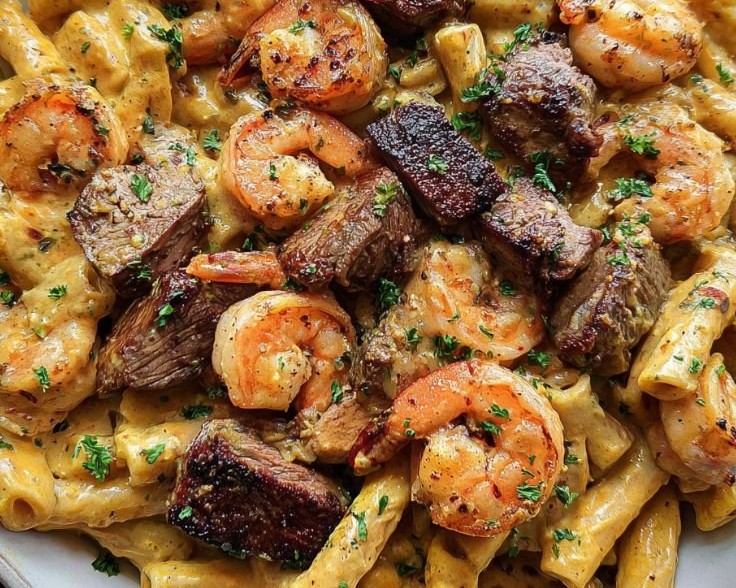 Blackened Steak and Shrimp Alfredo