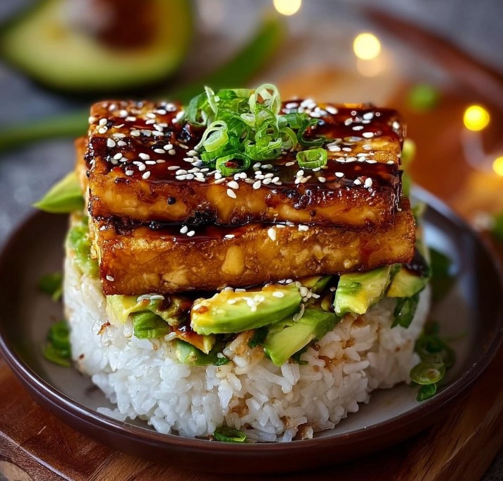 Crispy Teriyaki Tofu and Avocado Rice Stack