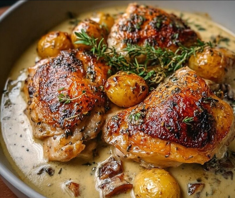 Herb Roasted Chicken in Creamy White Wine Sauce
