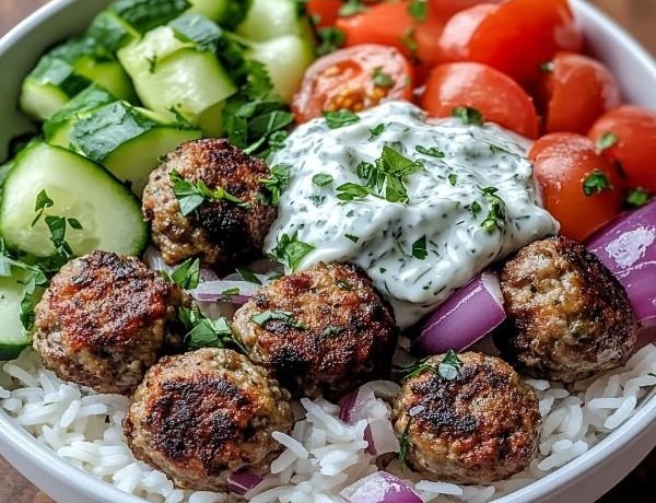 Greek Meatball Bowl with Tzatziki, Rice & Fresh Veggies
