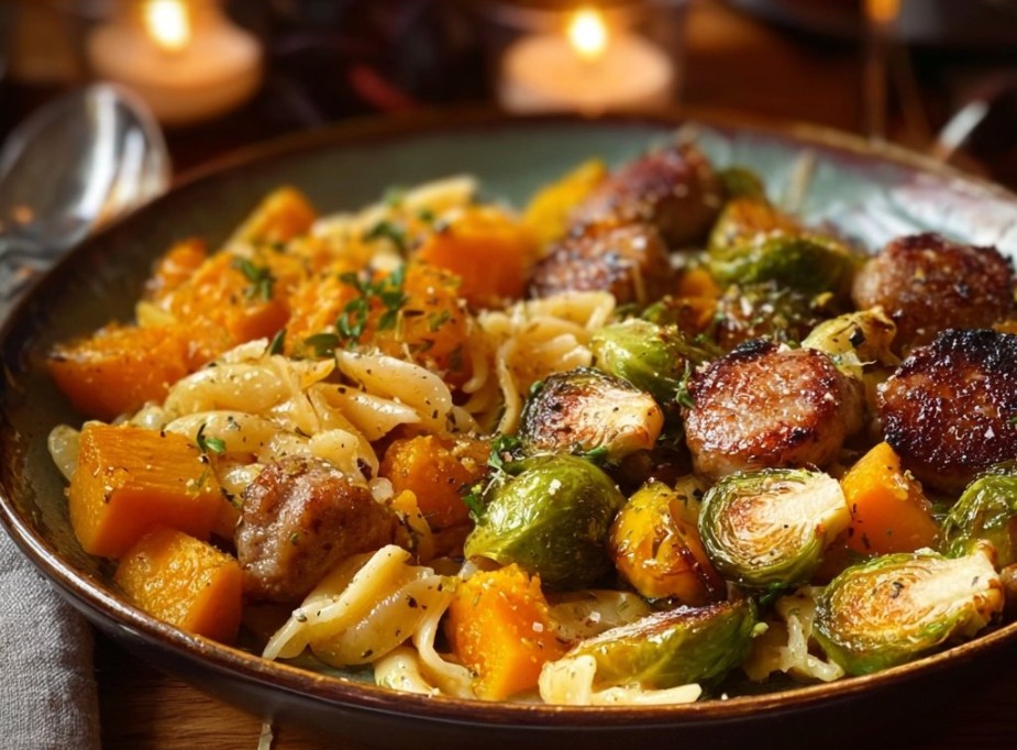Autumn Dinner with Sausage, Pasta, Brussels Sprouts, and Butternut Squash