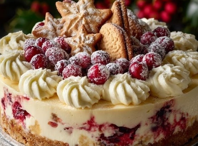 Christmas Cheesecake (Cranberry Jam White Chocolate Mousse Cheesecake)