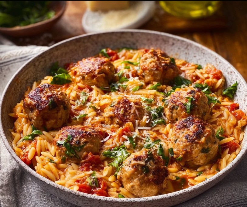 Tuscan Chicken Meatballs and Orzo